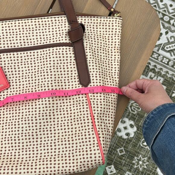 Fossil Women’s nylon Stylish Cream and Brown polka dot Tote shoulder bag GUC - Picture 3 of 10